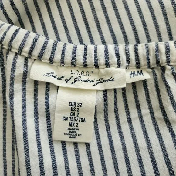 LOGG H&M One Shoulder Top Size 2 Linen Cotton White Blue Striped Embroidered - Picture 5 of 10